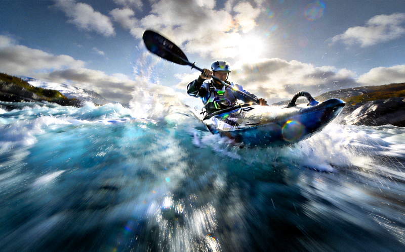 皮划艇运动员在湍急的河流中激流勇进的精彩画面